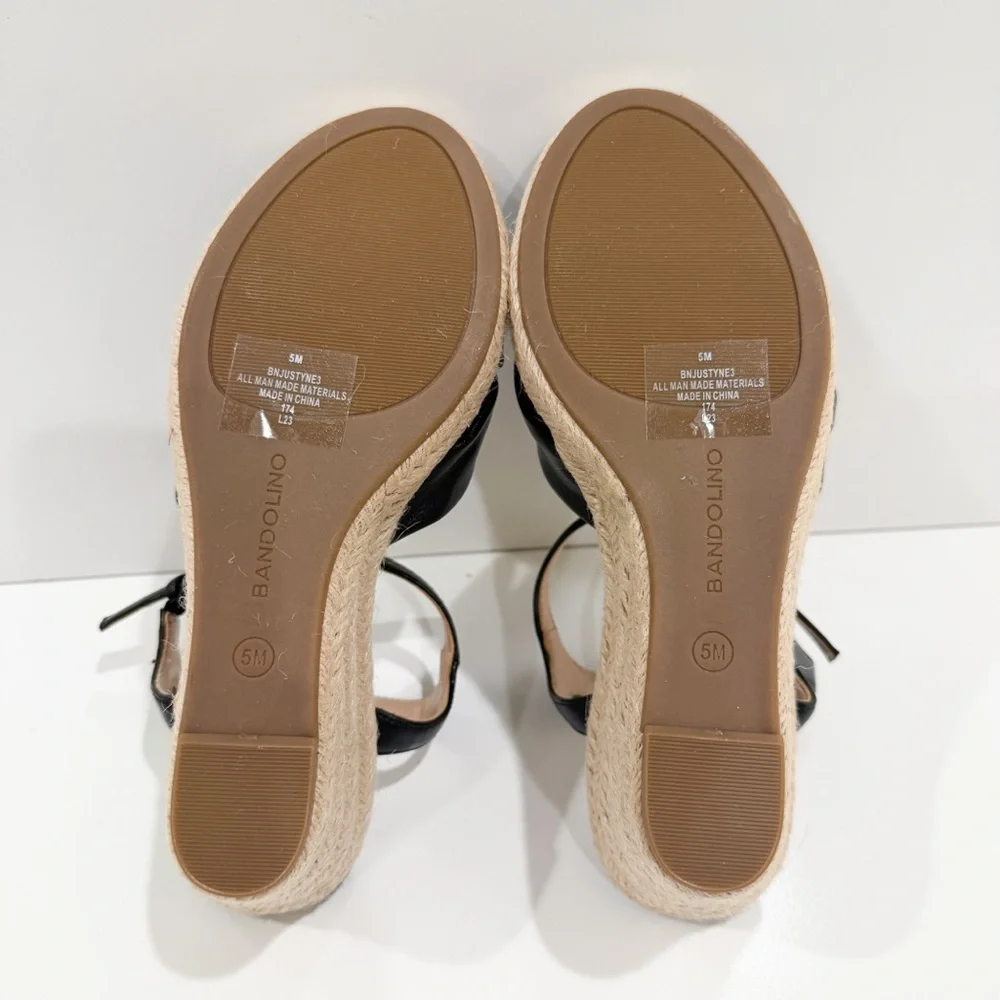 Bandolino Justyne Espadrille Wedge Sandal Knot Ankle Strap Jute Heel Black 5 NEW
